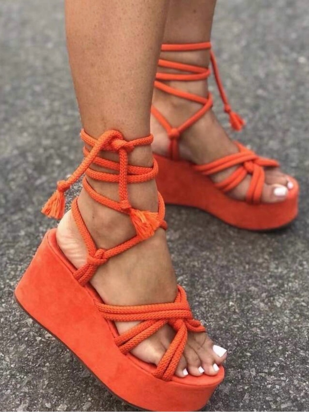 Women’s Orange Knotted Platform Sandals with Wrap Laces - Picture 8 of 10